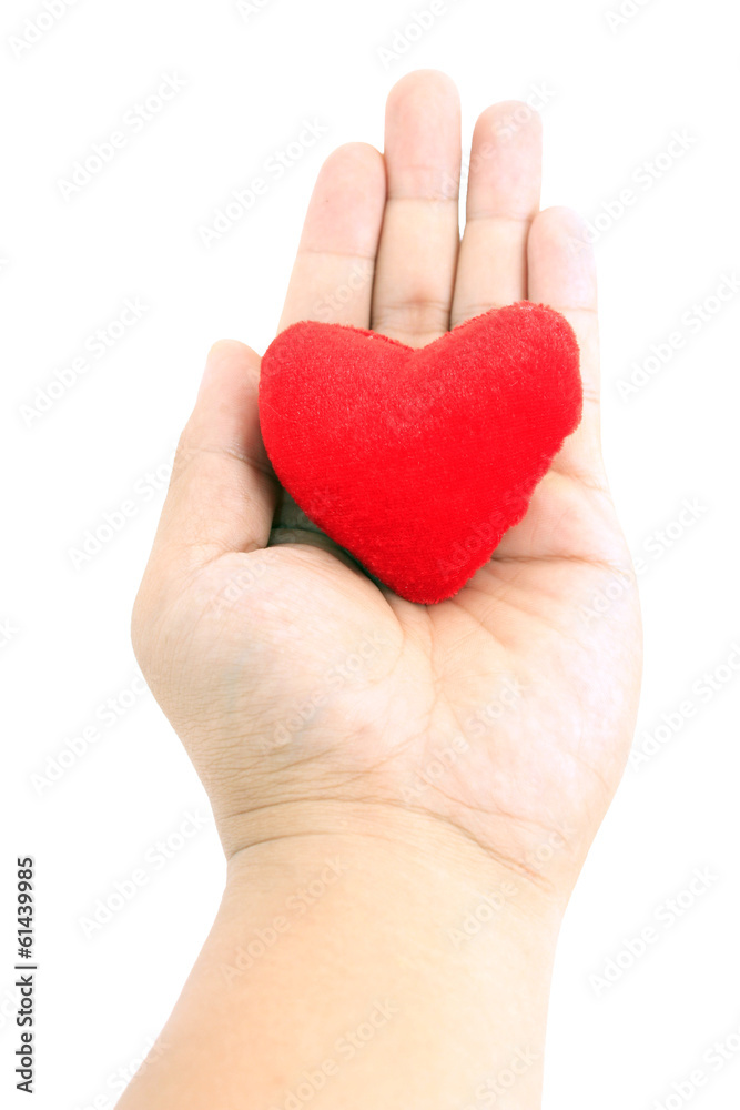 Hand holding small heart shaped pillow isolated on white Hand holding small heart shaped pillow isolated on white