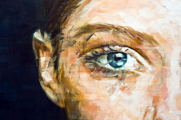 Female eye painting fragment, abstract brush strokes texture background