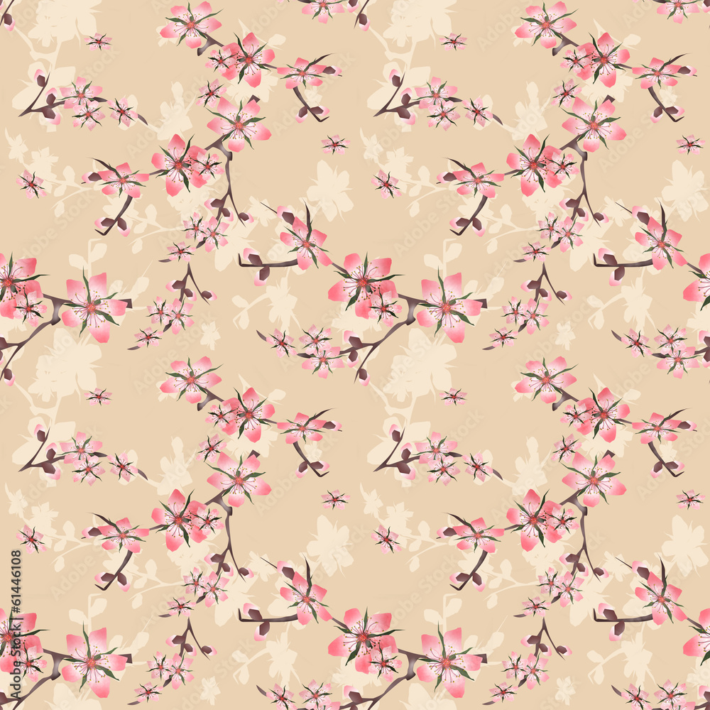 Seamless floral pattern with cherry blossom texture on beige