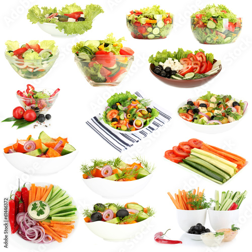 Collage of different salads isolated on white