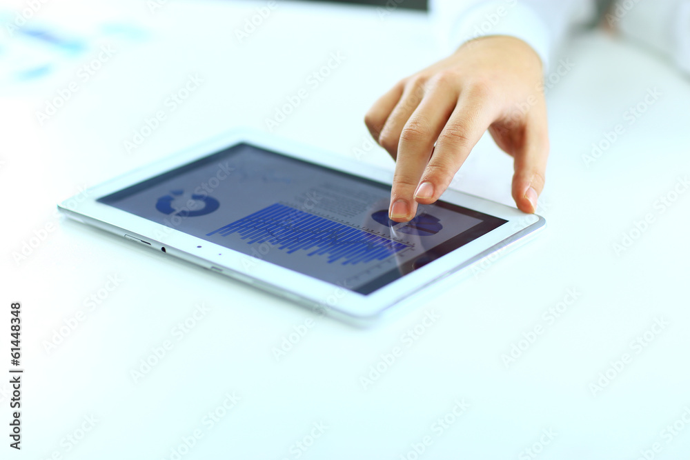 Businessman with finger touching screen Businessman with finger touching screen