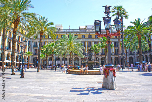 Plaza Real is a square in the Gothic Quarter in Barcelona, Spain