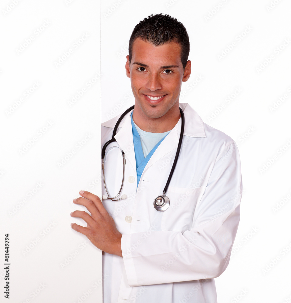 Hispanic doctor holding a blank placard Hispanic doctor holding a blank placard