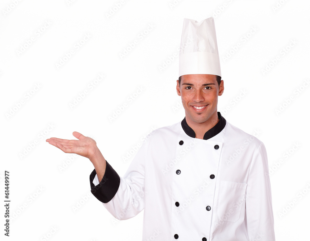 Professional male chef holding up his right palm Professional male chef holding up his right palm
