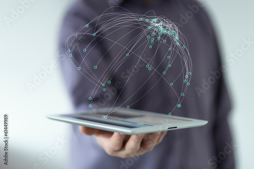 network   Man holding a 3d rendering data earth globe