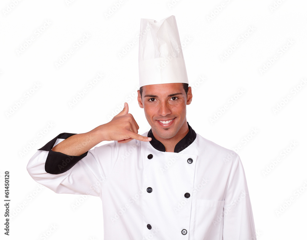 Handsome male chef with call gesture