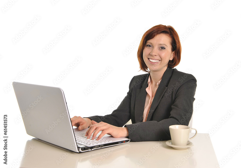 Happy business woman with red hair drinking coffee and smiling Happy business woman with red hair drinking coffee and smiling