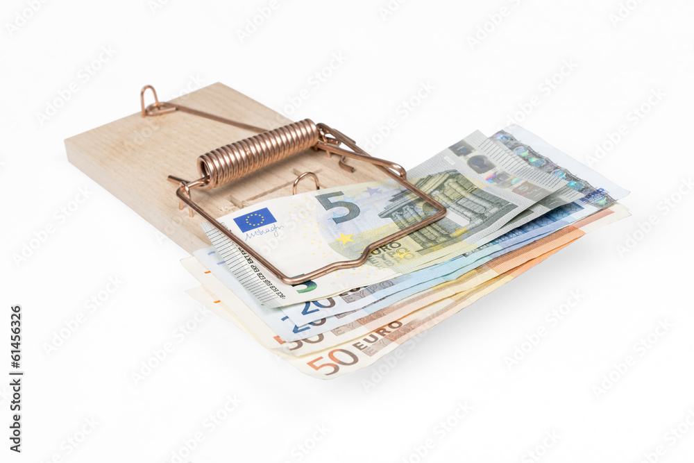 Mouse trap with Euro bills over white with clipping path. Mouse trap with Euro bills over white with clipping path.