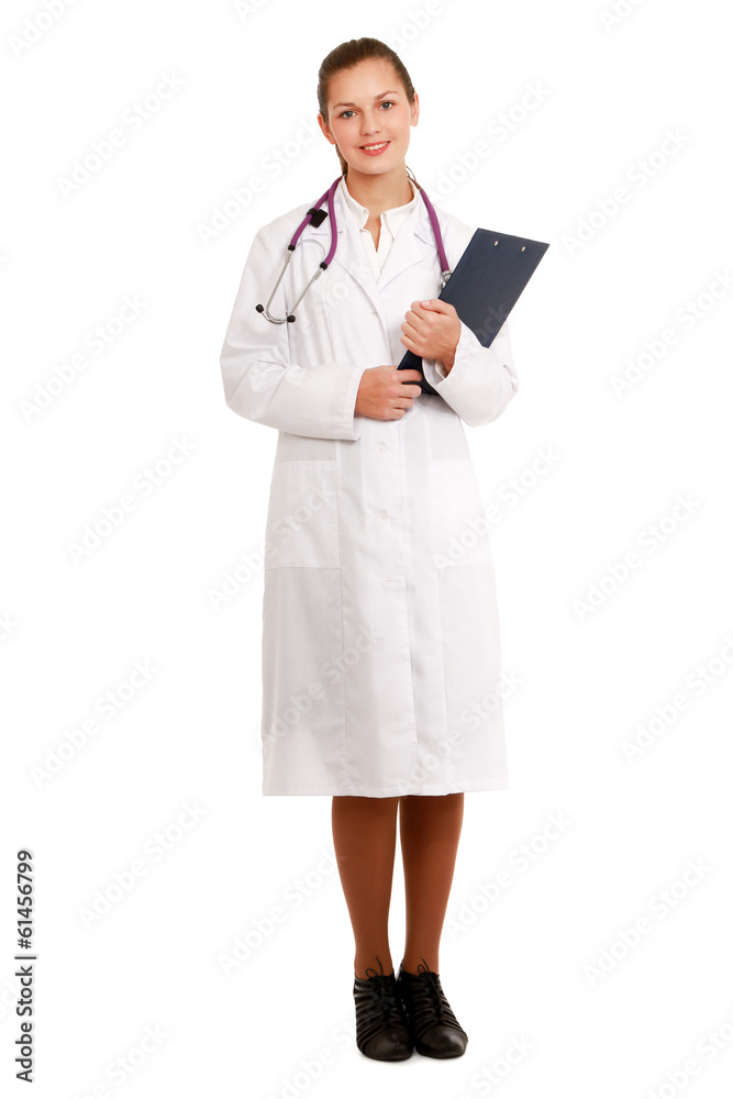 A female doctor with a folder, standing A female doctor with a folder, standing