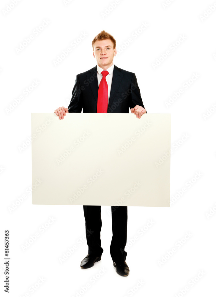 A business man with an empty blank, isolated on white background A business man with an empty blank, isolated on white background