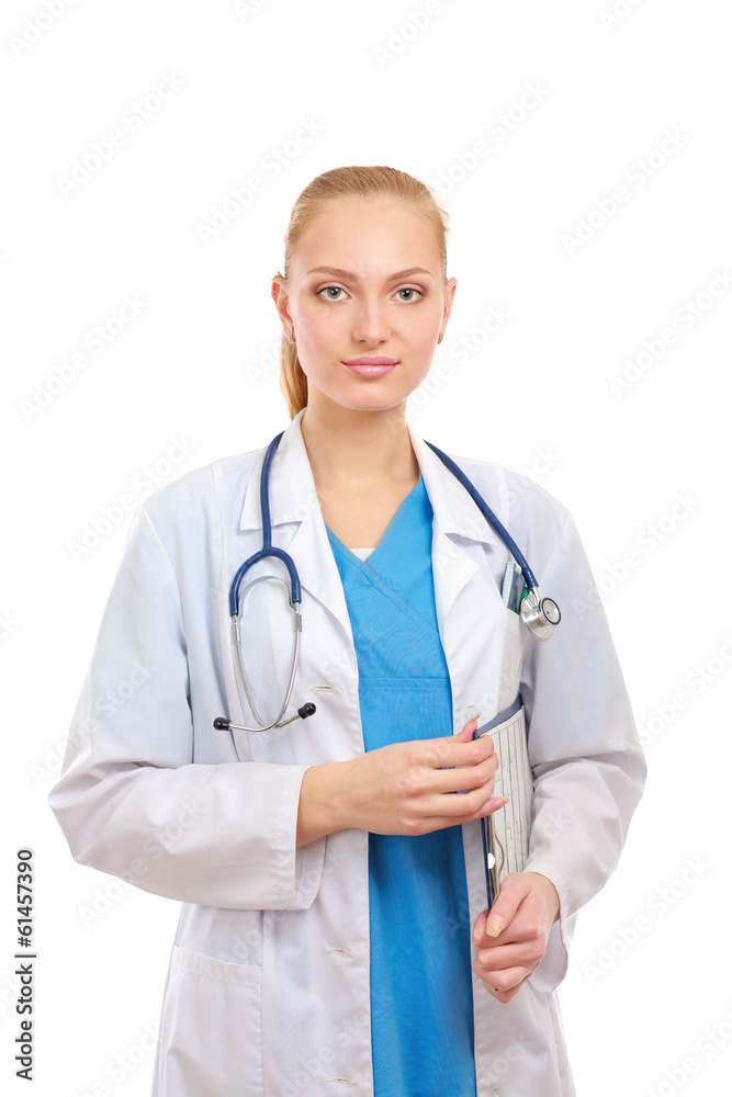 Smiling young doctor in white coat standing with folder Smiling young doctor in white coat standing with folder
