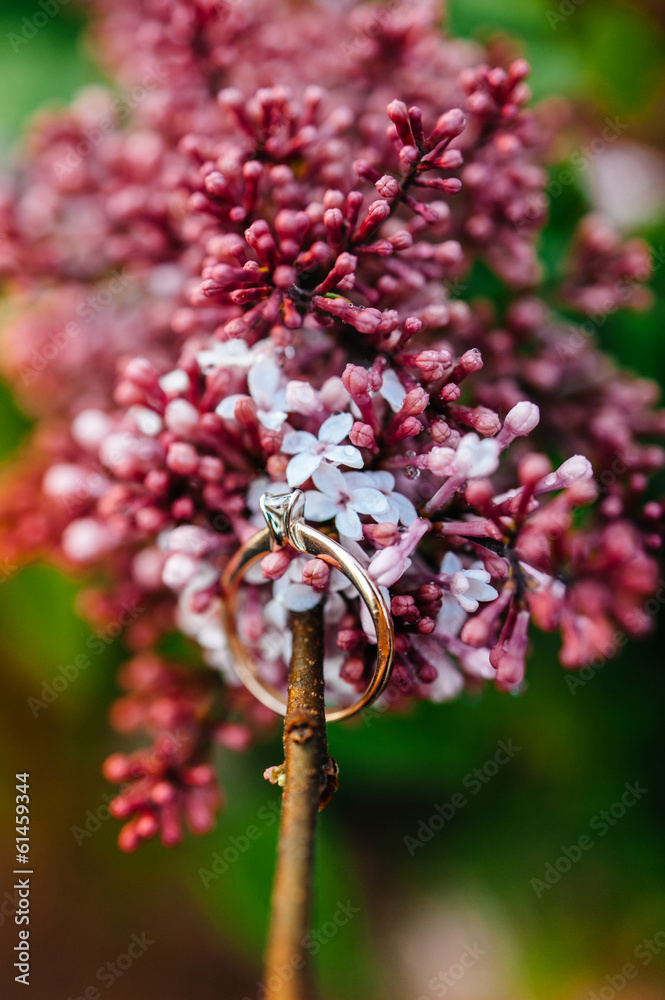 Lilac flower and engagement ring on the fresh flower branch Lilac flower and engagement ring on the fresh flower branch