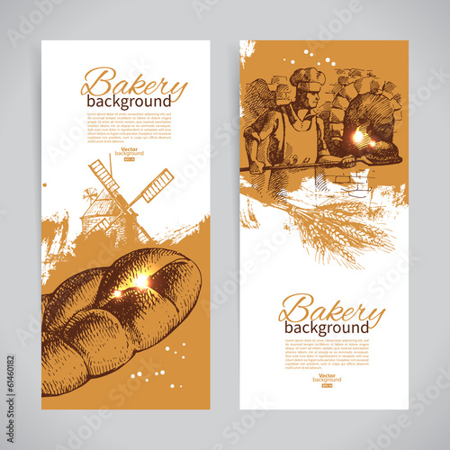 Set of bakery sketch banners. Vintage hand drawn illustrations