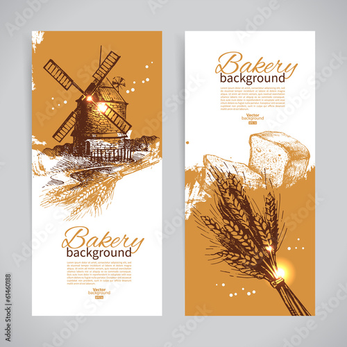 Set of bakery sketch banners. Vintage hand drawn illustrations