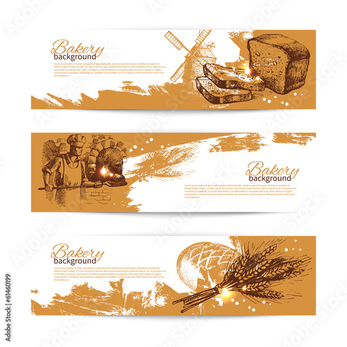 Set of bakery sketch banners. Vintage hand drawn illustrations