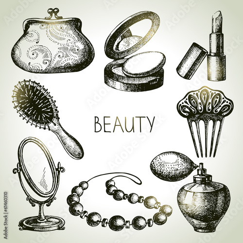 Beauty sketch icon set. Vintage hand drawn vector illustrations