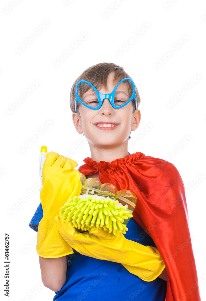 Funny child superhero cleaning with a sponge and sprayer Funny child superhero cleaning with a sponge and sprayer