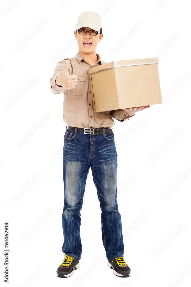 Delivery man holding goods and thumb up Delivery man holding goods and thumb up