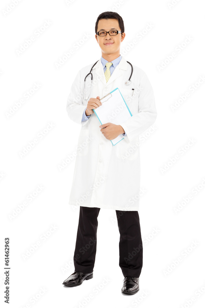 full length young smiling Doctor holding document full length young smiling Doctor holding document
