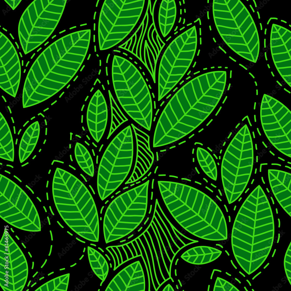 Fresh green leaves on black seamless pattern, vector Fresh green leaves on black seamless pattern, vector