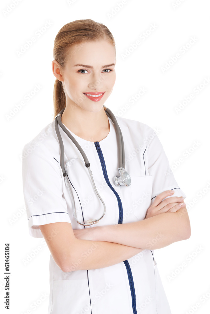 Portrait of caucasian nurse, doctor woman.