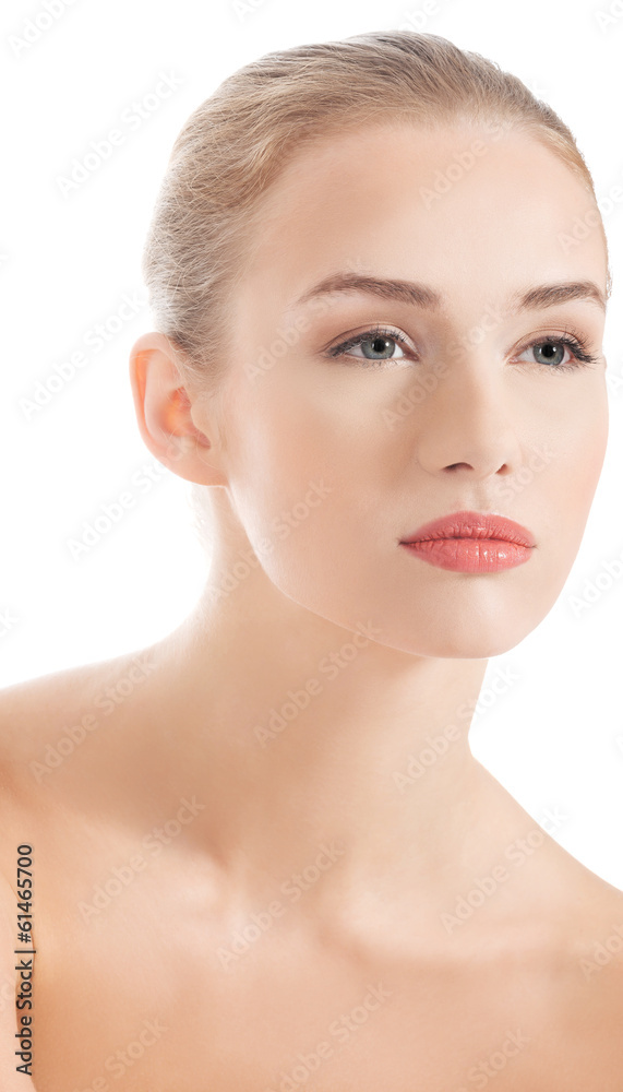 Portrait of beautiful caucasian woman with fresh clean skin.