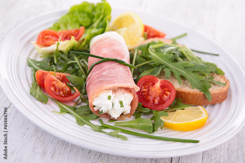 vegetable salad and ham rolled with cheese vegetable salad and ham rolled with cheese