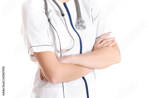 Body of female doctor or nurse in uniform.