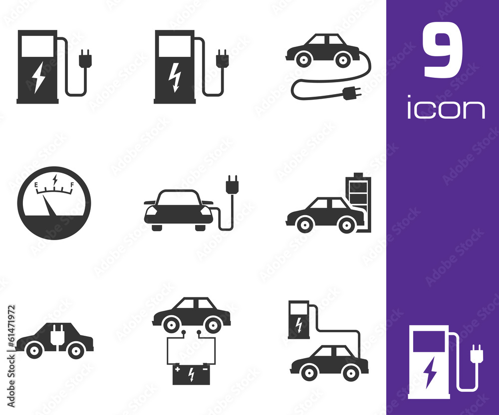 Vector black electric car icons set Vector black electric car icons set