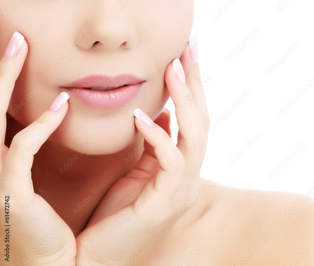 Young female with fresh clear skin, white background Young female with fresh clear skin, white background