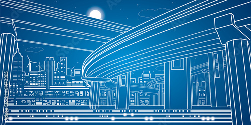 Night city, vector lines overpass, bridge, vector design