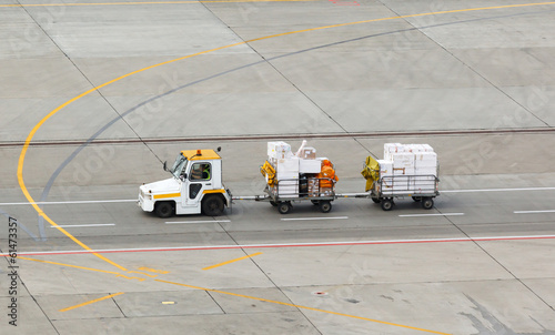tug and luggage on the airport tarmac