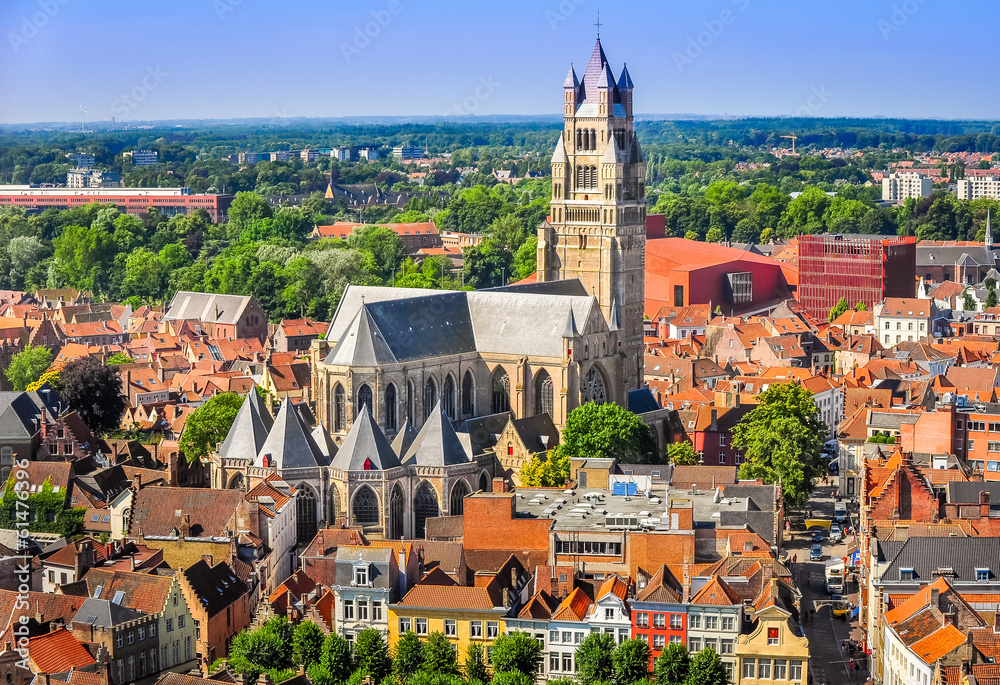 Aerial view of Saint Salvator Cathedral, Old Town of Bruges