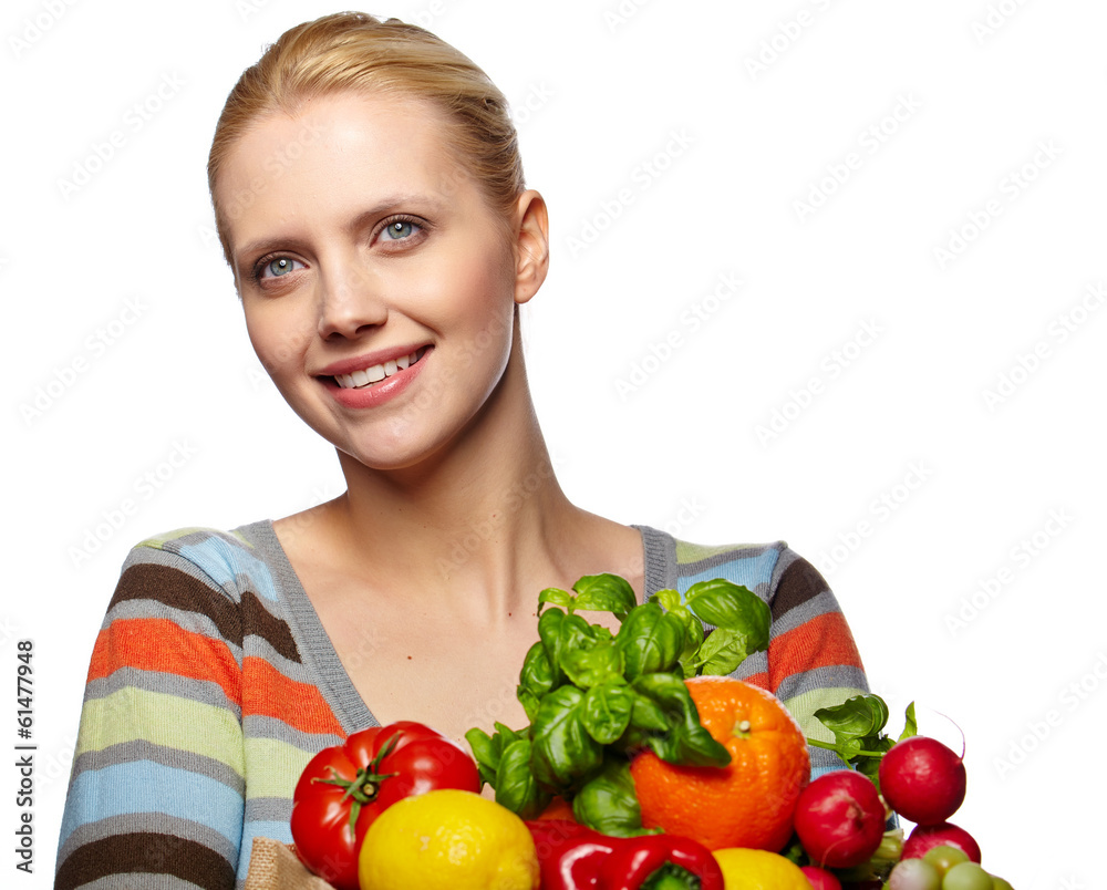 Young woman with a grocery shopping bag. Isolated on white backg Young woman with a grocery shopping bag. Isolated on white backg