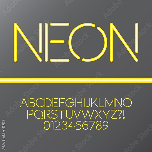 Yellow Neon Tube Alphabet and Numbers  Eps 10 Vector