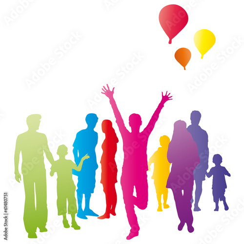 Kleine Gruppe Menschen - Freude und Jubel, Party und Feier - vektor, kleine Ansammlung, Interesse bekunden, Gemeinschaft fördern, Grundeinkommen, Grundsicherung, Regenbogenfarben, Hoffnung