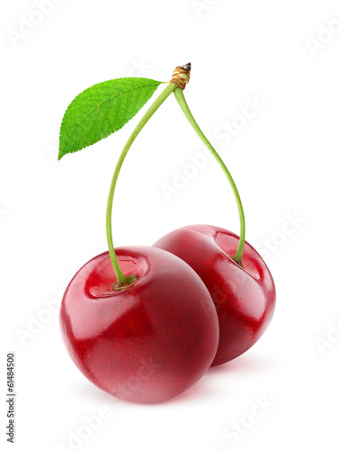 Isolated cherries. Pair of sweet cherry fruits with stems and leaf isolated on white background