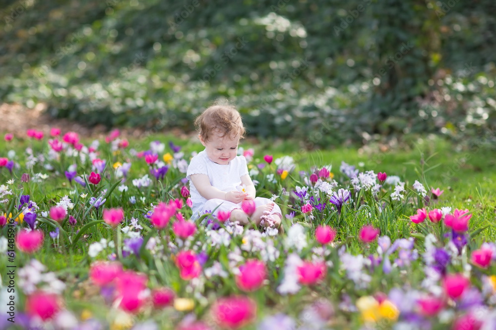 Bautiful funny baby girl playing in a field of flowers Bautiful funny baby girl playing in a field of flowers