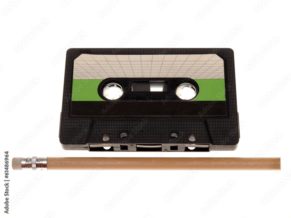 retro music audio tape with a pencil - obrazy, fototapety, plakaty 