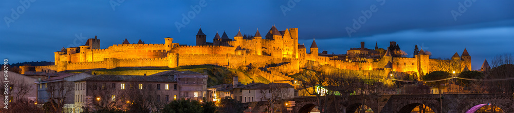 Evening panorama of Carcassonne fortress - France, Languedoc-Rou