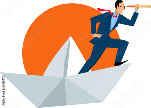 Businessman with a spyglass on a paper boat
