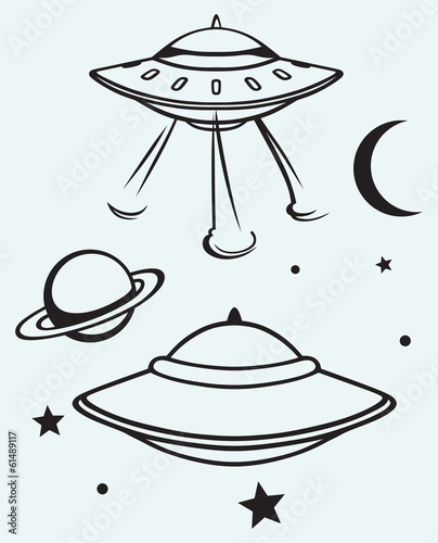 Space flying saucer isolated on blue background
