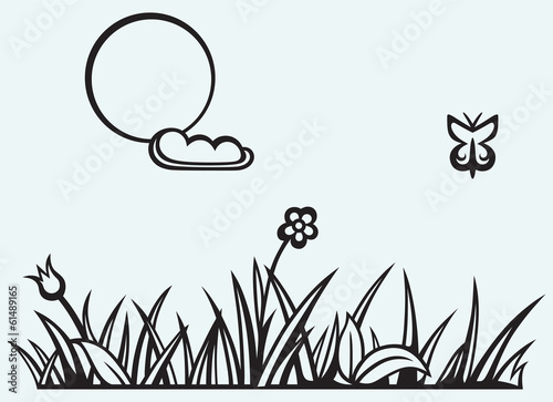 Fototapeta Naklejka Na Ścianę i Meble -  Grass and flower isolated on blue batskground