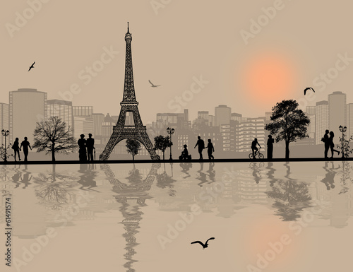 Paris cityscape and people silhouette
