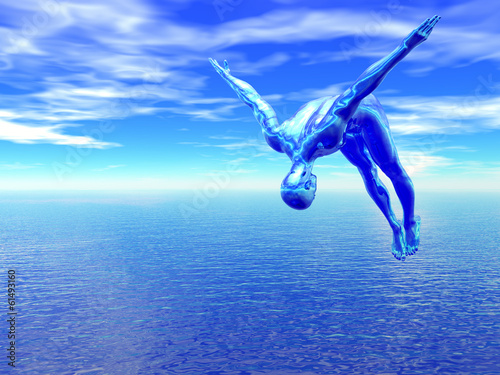 Alien diver leaps over a blue ocean