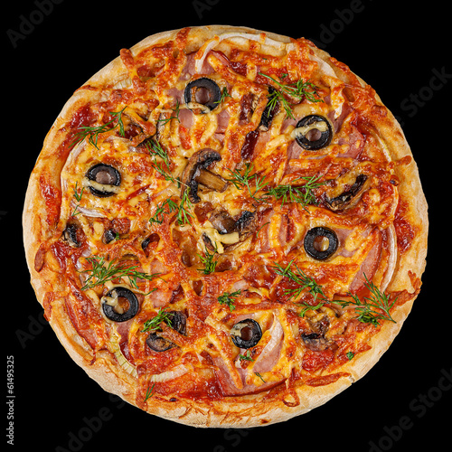 Itailan cookery pizza closeup with smoked meat photo