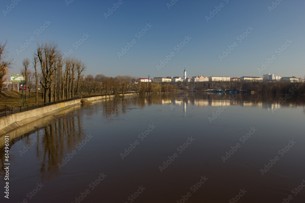 Mogilev city historical centre reflected in the river Dnieper.