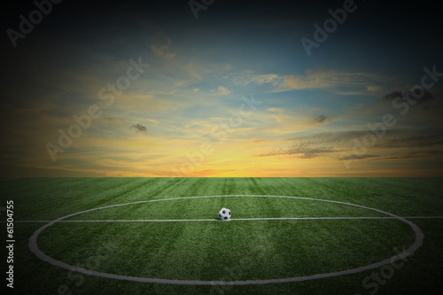 Soccer green grass field at sunset