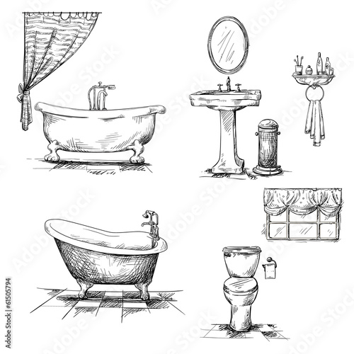 Bathroom interior elements. hand drawn