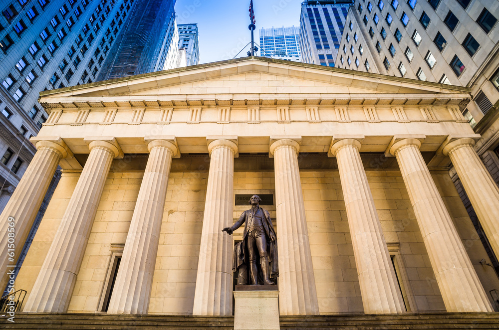 Facade of the Federal Hall with Washington Statue on the front,